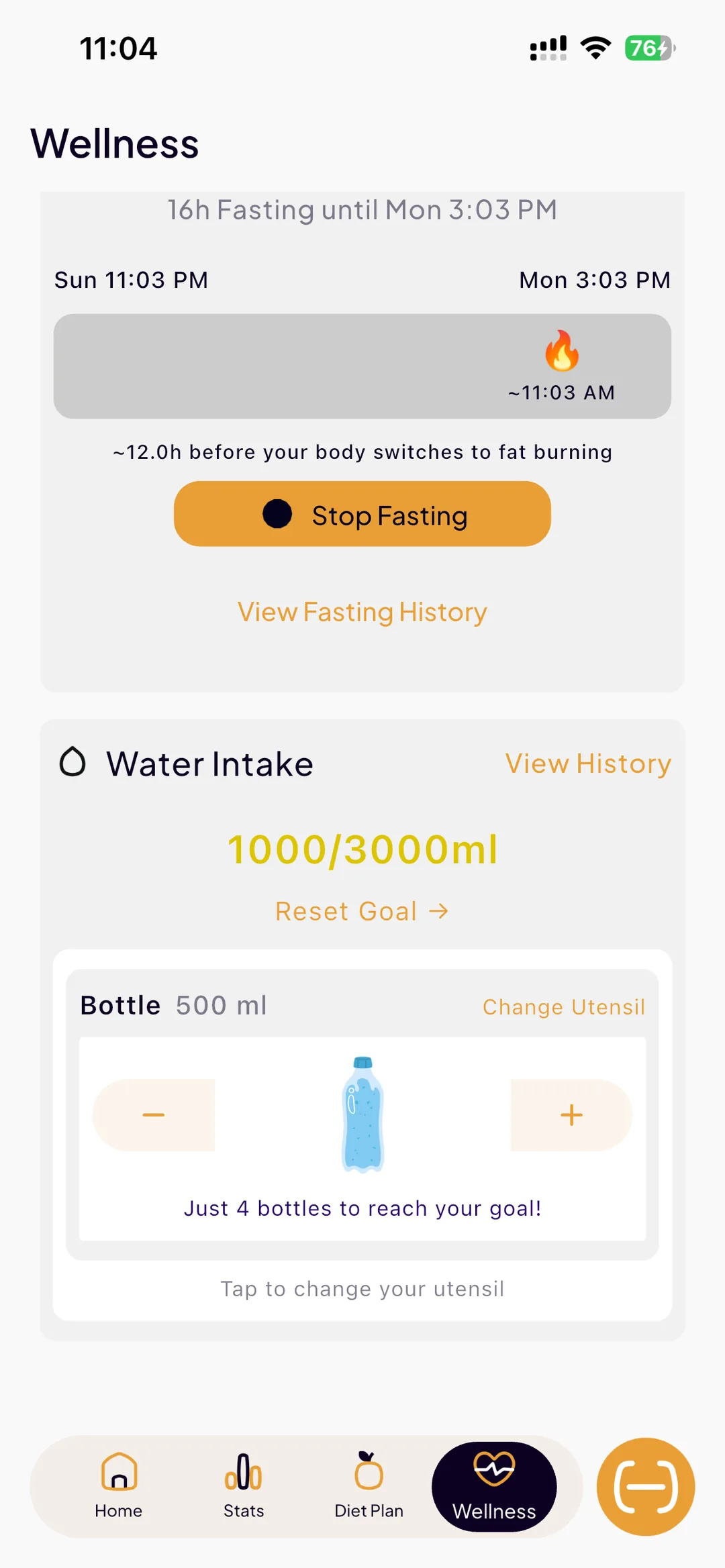 The SlimAI wellness screen with a 16-hour fast running until 3:03 PM, hours left before fat burning, and water intake at 1000 of 3000 ml